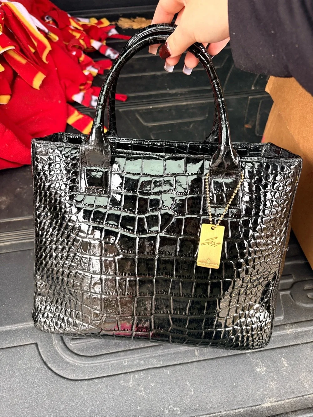 Stone Mountain  Black Patent Croc-Embossed Tote NEW